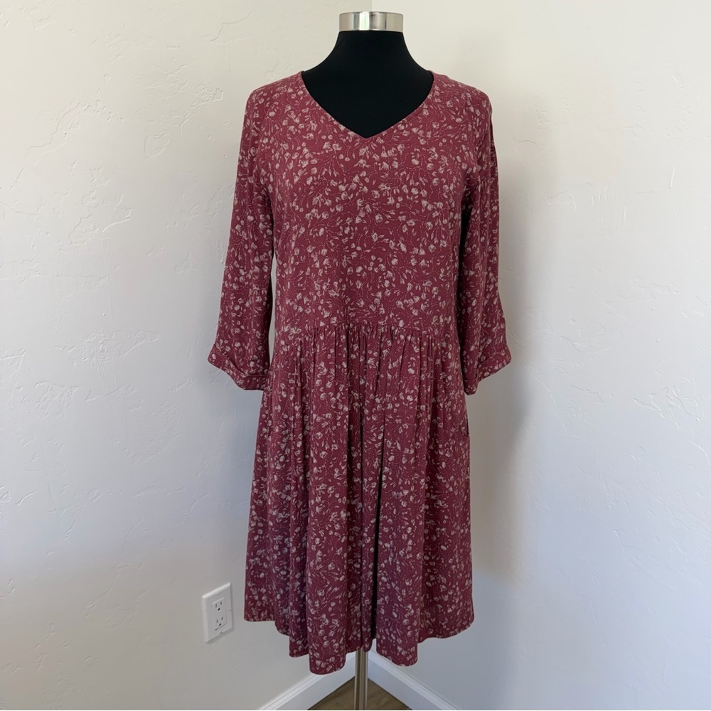 Garnet Hill Burgundy Floral V-Neck Babydoll Midi Dress Size 8 - Picture 3 of 14